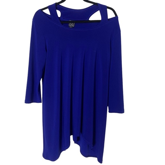 Clara Sun Woo Cobalt Blue Medium Open Shoulder Shark Bite Tunic Top - Picture 1 of 3